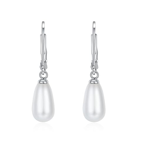 MINDDHA 14K Gold | White Gold Plated Sterling Silver Hoop, AAA+ Quality Simulated Shell Pearl Leverback Dangle Stud Pearl Earrings | Silver Earings, Gold Earrings For Women | Oval and Teardrop Pearl3