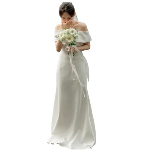 [R-QINYUER] パーティードレス フォーマルドレス ウェディングドレス ドレス白 前撮り 二次会ドレス ホワイト 結婚式ドレス ノースリーブ ブライダル 挙式 ロングドレス 花嫁ドレス エンパイアラインオフショルダー サテンワンピース エレガント (JP, アルファベット, XL, 白)