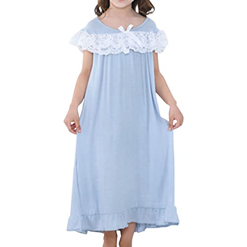 Generic - Chemise de nuit longue pour fille en dentelle à manches longues col rond en coton ample pour la maison - Vêtement de nuit décontracté - Jupe, bleu, 6 ans