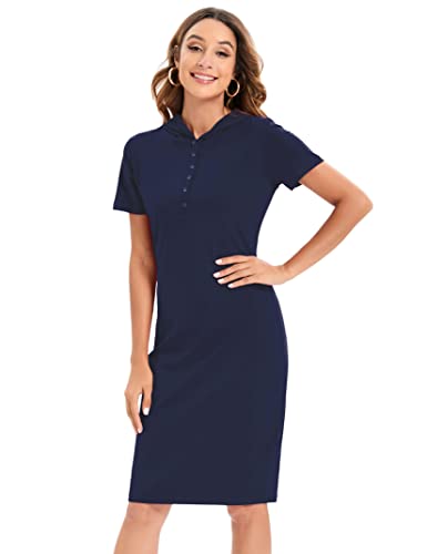 Missky Women's Pullover Solid Color Cotton Hoodie Casual Dress,Dark Blue L #TOP1