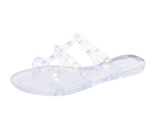 Image of Women Flats Sandals, Studded Jelly Shoes Size 9 Red Dressy Summer Beach Rivets Strappy Jellies Slide Slip On Open Toes