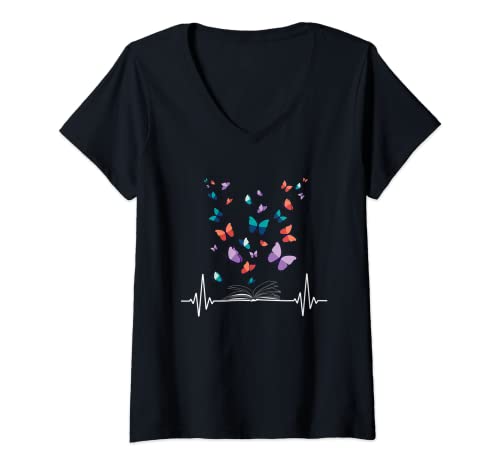 Femme Heartbeat Book Lover Library Bibliothèque de livres Motif papillon T-Shirt avec Col en V