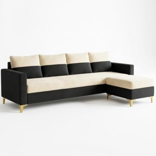 Image of FURNY Canvora 5 Seater L Shape Sofa Set with Movable Ottoman | Flexible Left or Right Layout | Plush Velvet Fabric (Cream-Black) | Perfect for Living Room & Guest Room