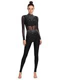 inhzoy Body Ginnastica Ritmica Donna Manica Lunga Balletto Body Danza Classica Moderna Tuta Intera da Pattinaggio Artistico con Strass Jumpsuit Tutina Dancewear Nero S