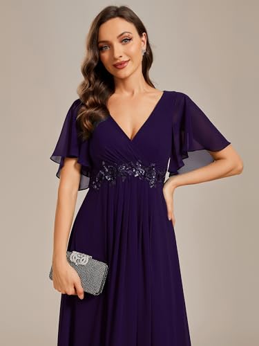 Image of Ever-Pretty Womens V Neck Applique Mother of the Bride Dresses Formal Dress | Chiffon, Short Sleeves, Ruched, A-Line, Bridesmaid Dresses, Formal Gown, Black Tie Dress