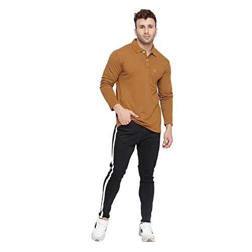 Image of CHKOKKO Cotton Polo Neck Full Sleeves Plain T Shirt for Men with Pocket Brown L