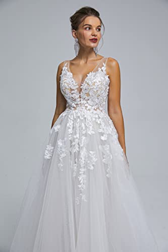 Image of Spaghetti Chiffon Beach Wedding Dress V Neck A line Bridal Gowns Lace Plus Size Wedding Dress