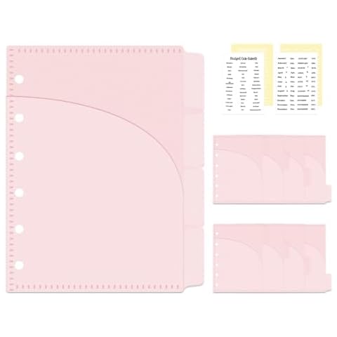 Mogoostry A7 Cash Envelope Double-Pocket 6 Holes A7 Binder Pocket with Index Divider Tabs Loose Leaf Pink PP 4-Tab Planner Divider Pockets Inserts for Journal Budgeting Binders Cover