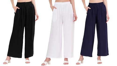 Image of Buy That Trendz Palazzo Pants for Women Rayon Elasticated Regular Fit Flared Wide Leg M to 6XL Pack of 3