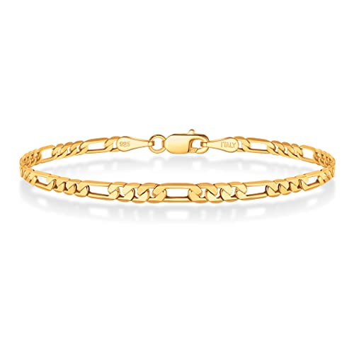 BRIJEWNES Figaro Chain Bracelet for Men & Women 3mm 18K Gold Plated Chain Bracelet 6.5-9 Inches, 925 Sterling Silver Clasp Durable, Unisex Jewelry Gift for Him or Her