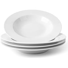DOWAN Soup and Pasta Bowls Set of 4, White Porcelain Wide Rim Salad Plates, 8 Ounces Pasta Plate, Microwave & Dishwasher Safe