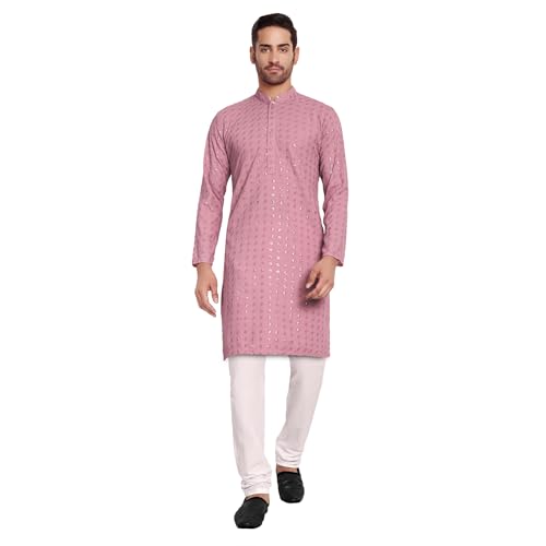 Image of Rayon Ethnic Wear Full Chikankari Sequin Embroidery Mirror Work Traditional Straight Kurta Pyjama Set for Men