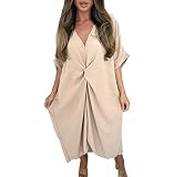 Vestidos de Verano de Manga Corta con Nudo Torcido y Escote en V para Mujer Beige 38-52