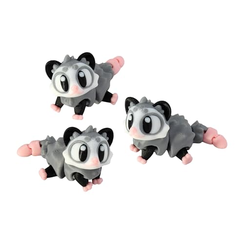 3D Printed Articulated Opossum Fidget Toy 3 Pack – Flexible Cute Animal Desk Decor, Adult Stress Relief Collectible – 3D Printed in USA