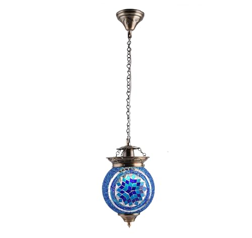 Homesake Turkish Moroccan Style Mosaic Hanging Lamp - Handmade Decorative Hanging Light, Pendant Light, Vintage Ceiling Fixture, Bohemian Home Decor, Stained Glass Lantern, Blue Mosaic Globe