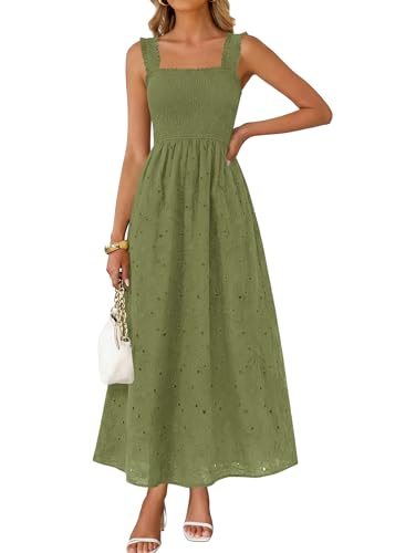 Image of KIRUNDO Summer Lace Dress for Women Eyelet Maxi Sundress | Boho Sleeveless Cotton Flowy Long Dresses, Wedding Guest, Beach Vacation, Baby Shower Guest Dress, Smocked Bust, With Pockets