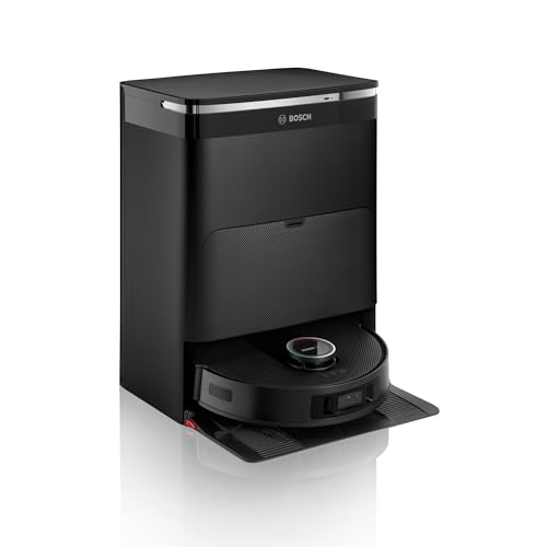Bosch Spotless Max Cam Robot Aspirapolvere e Lavapavimenti, Potenza 11.000 Pa, Panno Rotante Estensibile, Stazione autopulente, Navigazione Smart Vision, App Home Connect, Nero