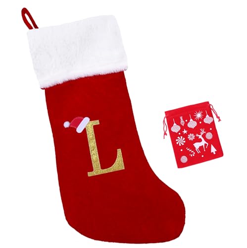 EHJYO 20 Inches Monogram Christmas Stockings with Letters Large Super Soft Christmas Stockings, Red Velvet with White Plush Cuff Embroidered Xmas Stocking for Christmas Family Decor Letter L by EHJYO - Used condition - US$13.81