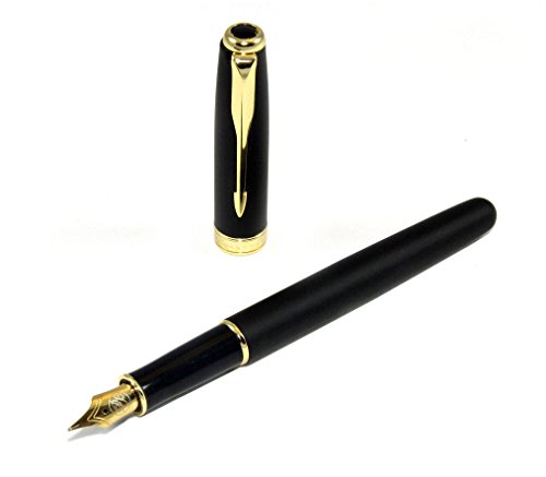 Classic Fountain Pen By Premiere. Matte Black Finish, Gold Plated Clip, Trim And Medium Fine Nib, Executive Business Writing, Journaling And Signature Pen. Ink Refill Converter And 1 Ink Cartridge #TOP1