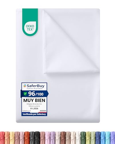 Utopia Bedding Sábana Encimera, Cama 150-266 X 259 Cm, Certificado Oeko-Tex, Poliéster Cepillado Suave Microfibra Sábana Plana Sin Elástico Blanco
