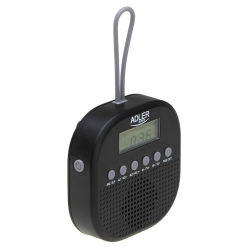 Adler Radio de Baño Digital AD 1912, IPX4 Impermeable, FM 87.5-108 MHz, Pantalla LCD, Función Alarma Dual, Función de repetición, Gancho de Silicona Flexible, Negro