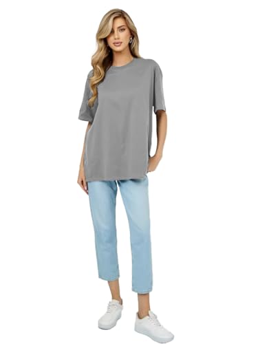Image of LEOTUDE Oversized Half Sleeve Tshirt for Women, Round Neck Longline Drop Shoulder Solid T-Shirt