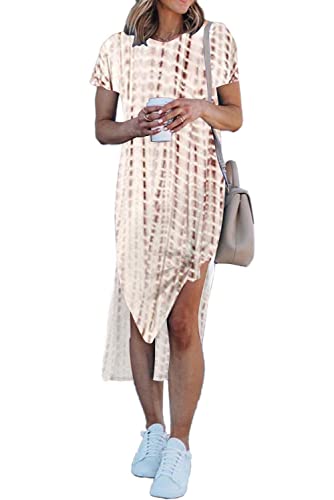 Alaster Women's 2023 Casual T-Shirt Midi Dress Short Sleeve Summer High Splits Bohemia Dress With Pocket High Low Solid Midi Dress #TOP7