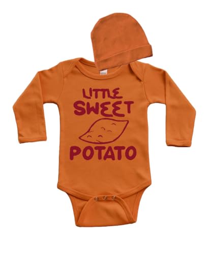 Image of PandoraTees Little Sweet Potato Baby Gift Set, Sweet Potato Baby Costume, Long Sleeve Baby Bodysuit and Cap Outfit