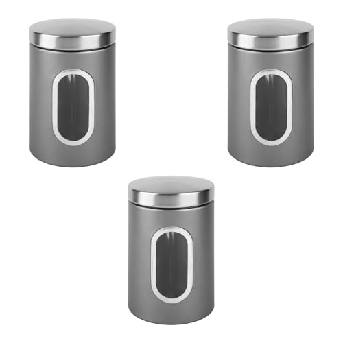 Tabanzhe 3 Pack Tea, Coffee and Sugar Canisters Set – Stainless Steel Kitchen Storage Jars Containers with Transparent Window, Airtight Lid, Versatile Food Biscuit and Coffee Storage Containers