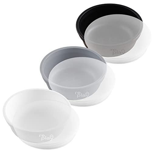 Image of Re-Play Made in USA 12 Oz. Reusable Plastic Bowls, Pack of 3 With 3 Lids - Dishwasher and Microwave Safe Bowls with Lids for Everyday Dining - Toddler Bowl Set 5.75" x 5.75" x 2", Monochrome