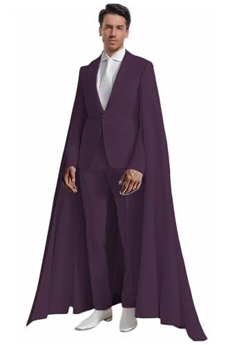 LEWIJO Fashion 2 Piece Suits for Men Slim Fit Plum Tuxedos with Cape Solid Peak Lapel Blazer Pants Single Breasted Jacket Trousers Size 48