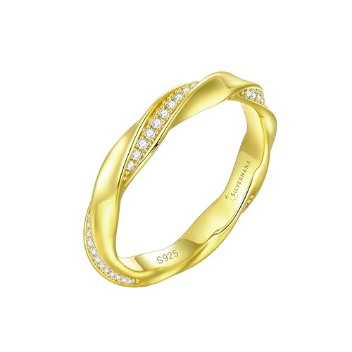 SILVERNANA 0.25 ct Moissanite Twist Wedding Band for Women Gold Plated Sterling Silver Mobius Eternity Ring Stackable Anniversary Bands for Her Size 9.5