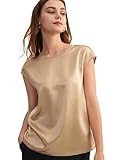 LilySil Silk Blouse for Women Short Sleeve Summer Cool Comfy Charmeuse Silk Tops for Ladies Light Camel S/4-6