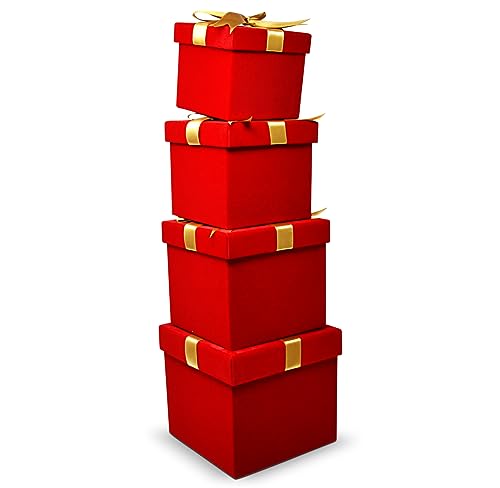 Gift Boutique - Christmas Nesting Gift Boxes Square 4 Pack Red Velvet with Gold Ribbon Bow Christmas Stacked Gift Box with Lids in 4 Assorted Sizes for Giving Decorative Gifts, Present Wrapping