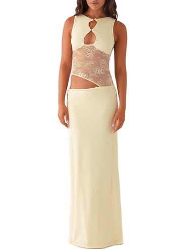 Women Lace Patchwork Maxi Dress Sexy Cut Out Bodycon Long Dress Elegant Sleeveless Backless Tank Dress (B Yellow, M)