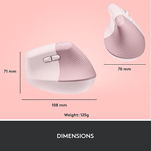 Logitech Lift Vertical Ergonomic Mouse, Wireless, Bluetooth or Logi Bolt USB Receiver, Quiet clicks, 6 Buttons, Compatible with Windows/macOS/iPadOS, Laptop, PC - Rose by Logitech - Image 9