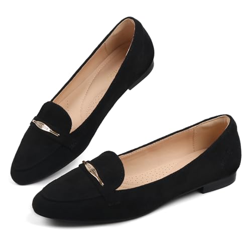 LUCCA VUDOR Women's Black Flats Comfort Suede Pointed Toe Casual Ballet Flats Dress Shoes Flats,Flat Shoes,Suitable for Walking,Home,Daily,Driving,Dressing Up（Velvety Black，10）
