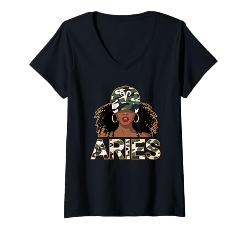 Mujer Aries Reina Camou Mujer Negra Gorra Signo Del Zodíaco Camiseta Cuello V