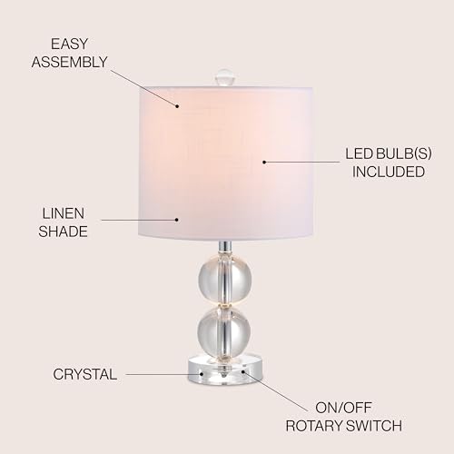 JONATHAN Y 17.5" Clear Crystal Table Lamp, Glam Double Sphere Mini Nightstand Lamp for Bedroom Living Room, White Linen Drum Shade, Chrome Finish, LED Bulb Included JYL2057A by JONATHAN Y - Image 4
