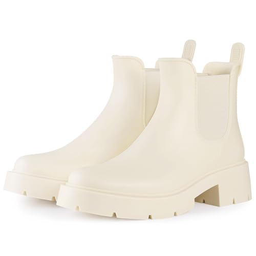 Asgard Women's Platform Ankle Rain Boots Waterproof Chelsea Boots Short Rubber Booties with Chunky Heel, Platform Beige 40