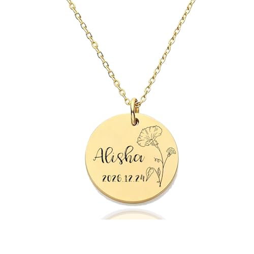 HUAN XUN Custom Birth Month Flower Alisha Necklace for Women 18K Gold Plated Stainless Steel Engraved Nameplate Necklace Personalized Floral Disc Pendant Adjustable Chain Jewelry Gifts for Mother