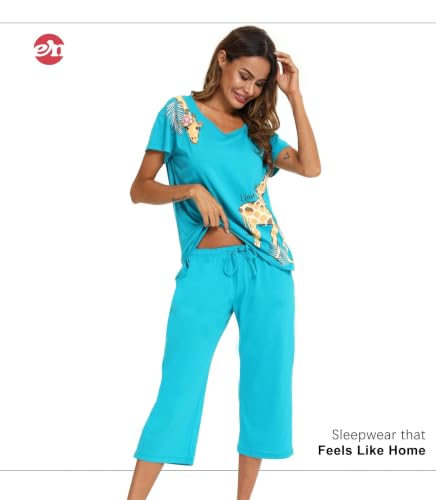 Image of ENJOYNIGHT Womens Pajama Sets Cotton Pj Set Short Sleeve Top With Capri Pants Sleepwear 2 Piece Lounge Set