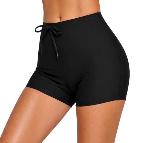 Image of ADUDVLO Swim Shorts Women High Waisted Drawstring Tummy Control Board Shorts Quick Dry Boyleg Bikini Bottoms Swimwear for Beach & Water Sports (UK, Alpha, XXL, Regular, Regular, Black)