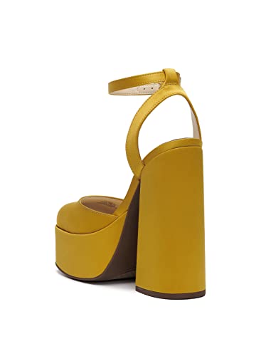 Jessica Simpson Skilla Yellow Mustard Satin Platform Pump Buckle Strap Block Heel (Satin Brass, 6.5) #TOP3