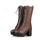 LDXEQIZ Botas Cortas con Cordones Botines Góticos De Plataforma for Mujer Booties Moteros De Cuero PU Zapatos De Tobillo con Tacón Cuadrado Botas De Caballero Otoño Invierno(Brown,36 EU)
