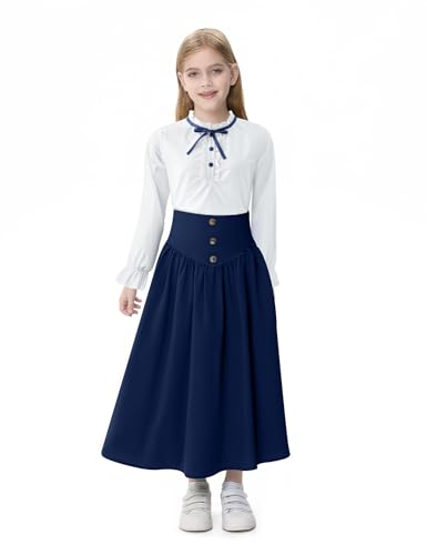 Image of Girl Maxi Skirt Elastic High Waist A-Line Long Skirt Smocked Waistband with Drawstring and Pockets 3-12 Years
