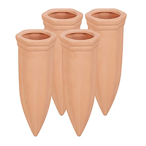 Relaxdays watering spikes, 4x clay plant waterers, self-watering system, use with 1.5 l bottles, 5.5x5x15cm, terracotta