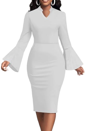 Church Dresses for Women Flare Sleeve V Neck Business Wear to Work Vintage Mid Pencil Formal Dress with Pocket