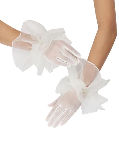 Women's Short Mesh Gloves with Ruffles - Sheer Lace Gloves for 1920s Costume, Opera Party & Dance Ivory