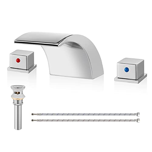 Airuida Chrome Polish Waterfall Widespread Bathroom Sink Faucet Two Handles Bathroom Faucet 3 Hole 8 Inch Deck Mount Commercial Lavatory Vanity Sink Faucet Mixer Taps With Pop Up Drain Supply Hoses #TOP24